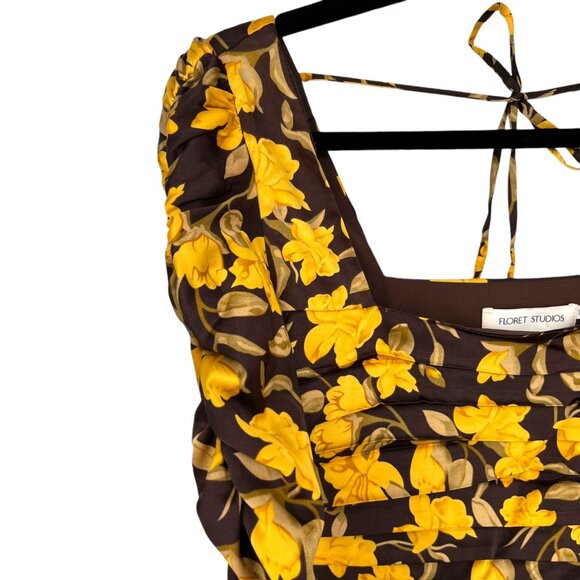 Floret Studios Floral Long Sleeve Ruched Square Neck Dress Yellow Brown XS NWOT - Picture 3 of 15